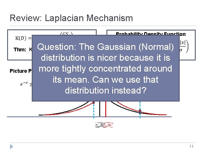 Review: Laplacian Mechanism Probability Density Function Question: The Gaussian (Normal) distribution is nicer because Review: Laplacian Mechanism Probability Density Function Question: The Gaussian (Normal) distribution is nicer because