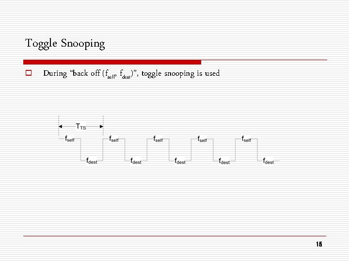 Toggle Snooping o During “back off (fself, fdest)”, toggle snooping is used 15 