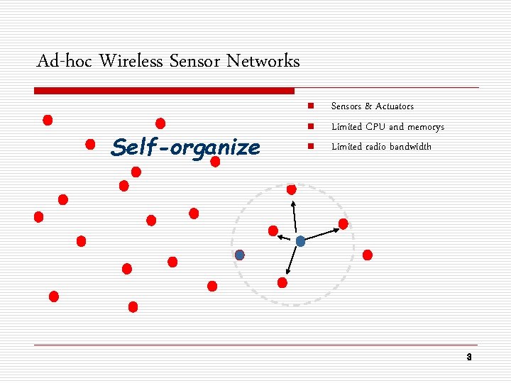 Ad-hoc Wireless Sensor Networks n Self-organize n n Sensors & Actuators Limited CPU and