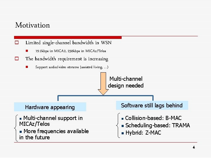 Motivation Limited single-channel bandwidth in WSN o n 19. 2 kbps in MICA 2,