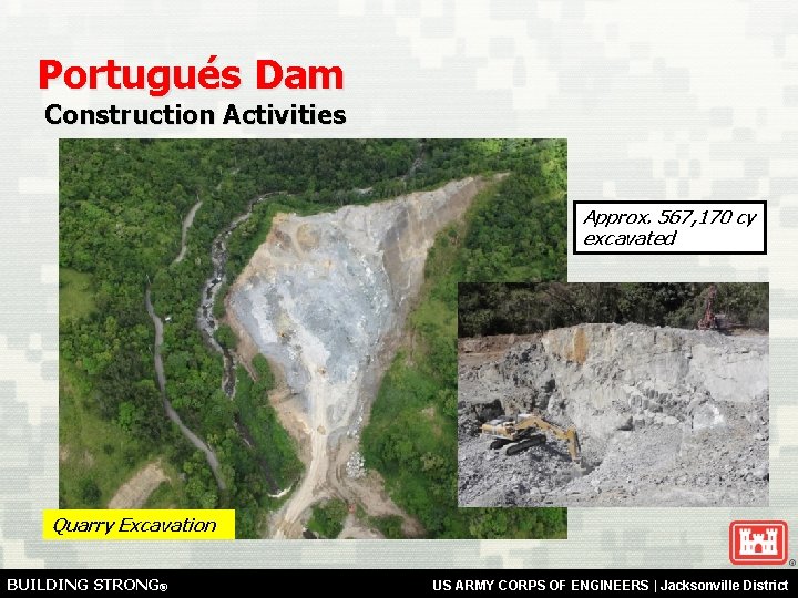 Portugués Dam Construction Activities Approx. 567, 170 cy excavated Quarry Excavation BUILDING STRONG® US