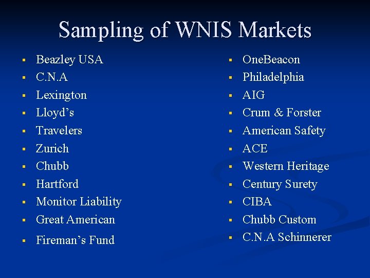 Sampling of WNIS Markets § § Beazley USA C. N. A Lexington Lloyd’s Travelers