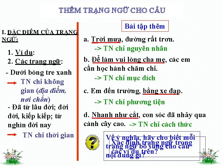 THÊM TRẠNG NGỮ CHO C U I. ĐẶC ĐIỂM CỦA TRẠNG NGỮ: 1. Ví