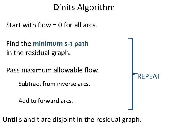 Dinits Algorithm Start with flow = 0 for all arcs. Find the minimum s-t