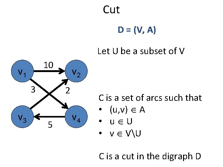 Cut D = (V, A) Let U be a subset of V 10 v