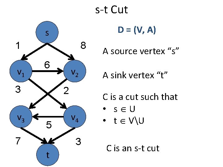 s-t Cut D = (V, A) s 1 v 1 8 6 3 v