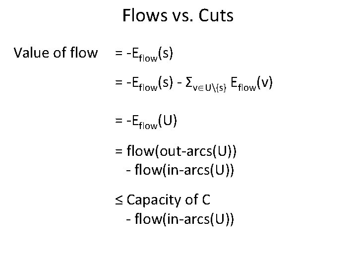 Flows vs. Cuts Value of flow = -Eflow(s) - Σv U{s} Eflow(v) = -Eflow(U)