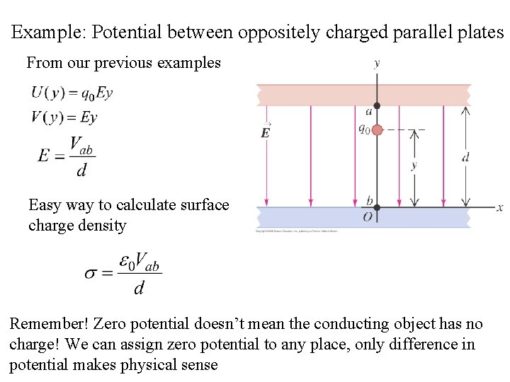Example: Potential between oppositely charged parallel plates From our previous examples Easy way to