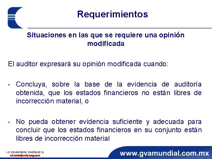 Requerimientos Situaciones en las que se requiere una opinión modificada El auditor expresará su