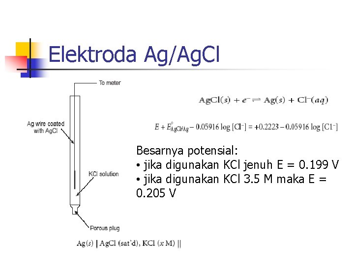 Elektroda Ag/Ag. Cl Besarnya potensial: • jika digunakan KCl jenuh E = 0. 199 Elektroda Ag/Ag. Cl Besarnya potensial: • jika digunakan KCl jenuh E = 0. 199