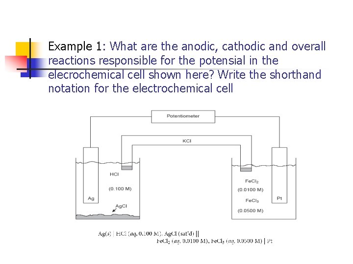Example 1: What are the anodic, cathodic and overall reactions responsible for the potensial