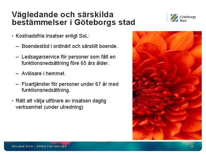 Vägledande och särskilda bestämmelser i Göteborgs stad • Kostnadsfria insatser enligt So. L: –