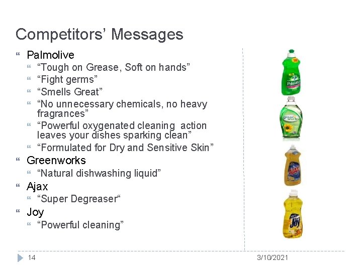 Competitors’ Messages Palmolive Greenworks “Natural dishwashing liquid” Ajax “Tough on Grease, Soft on hands”