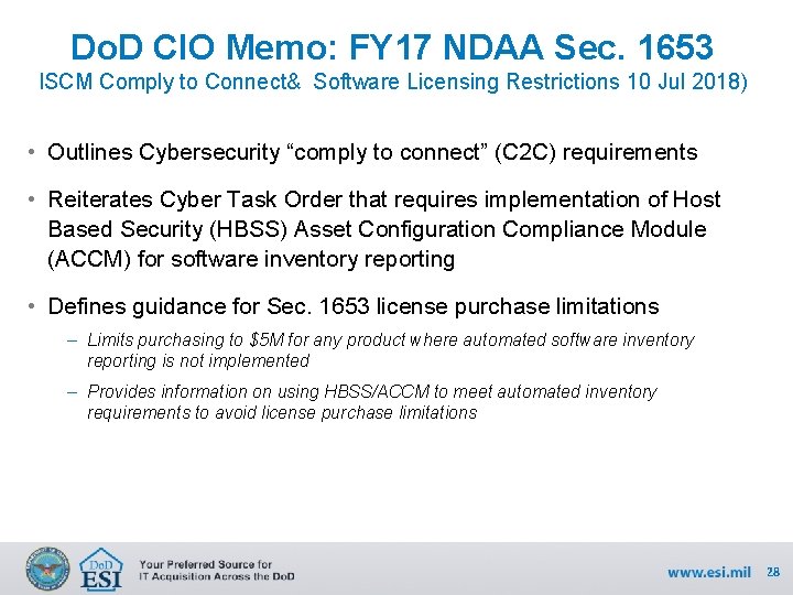 Do. D CIO Memo: FY 17 NDAA Sec. 1653 ISCM Comply to Connect& Software