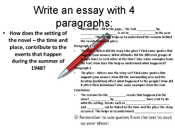 Write an essay with 4 paragraphs: • How does the setting of the novel