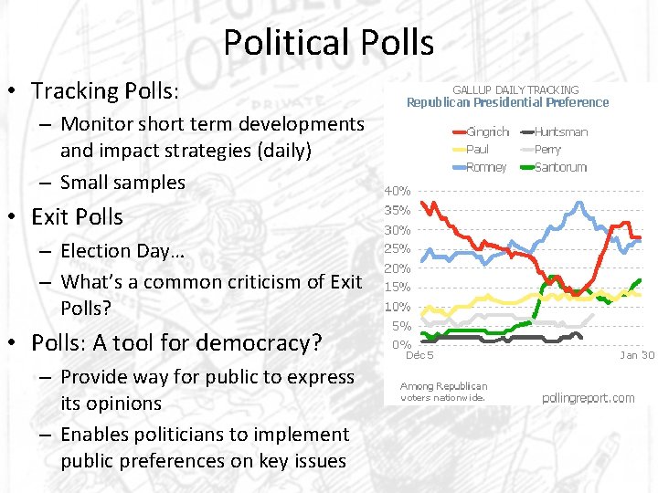 Political Polls • Tracking Polls: – Monitor short term developments and impact strategies (daily)