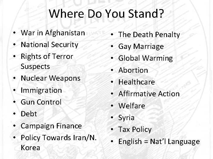 Where Do You Stand? • War in Afghanistan • National Security • Rights of