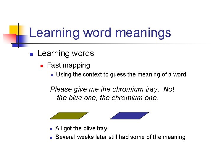 Learning word meanings n Learning words n Fast mapping n Using the context to