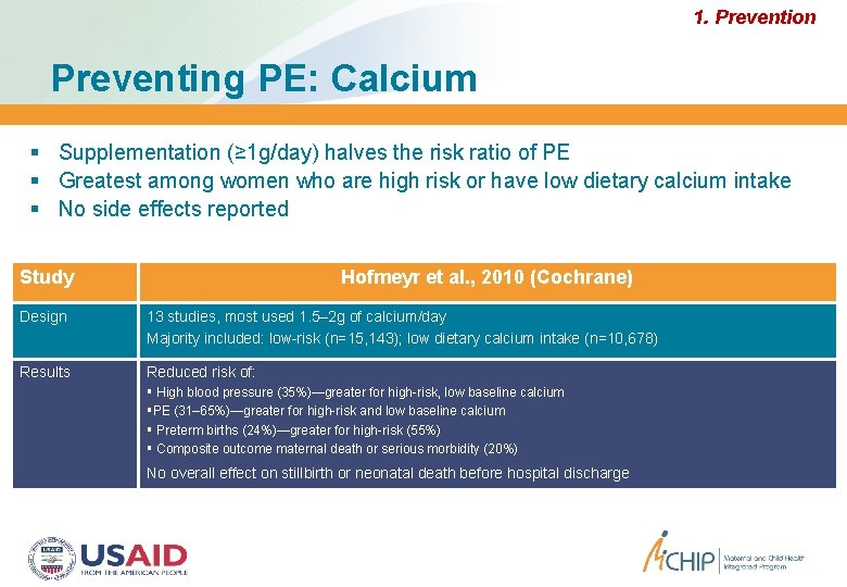 1. Prevention Preventing PE: Calcium Supplementation (≥ 1 g/day) halves the risk ratio of