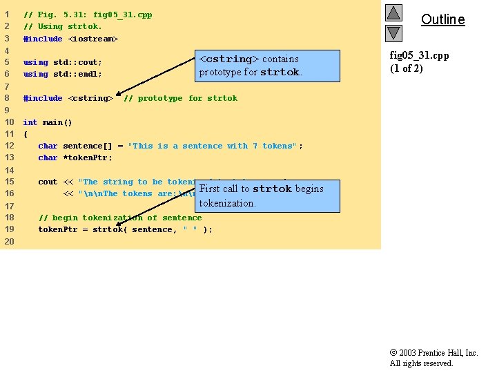 1 2 3 // Fig. 5. 31: fig 05_31. cpp // Using strtok. #include