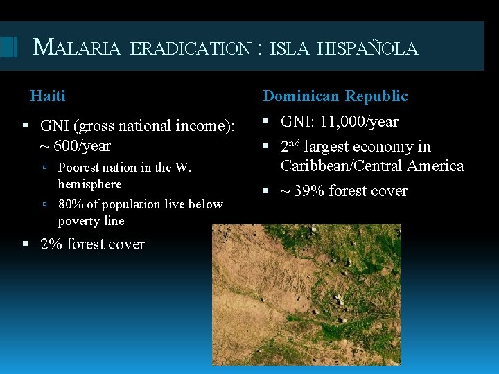 MALARIA ERADICATION : ISLA HISPAÑOLA Haiti GNI (gross national income): ~ 600/year Poorest nation