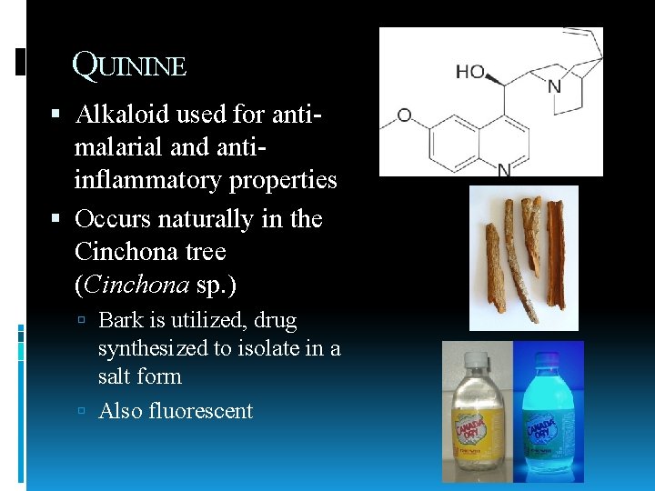 QUININE Alkaloid used for antimalarial and antiinflammatory properties Occurs naturally in the Cinchona tree