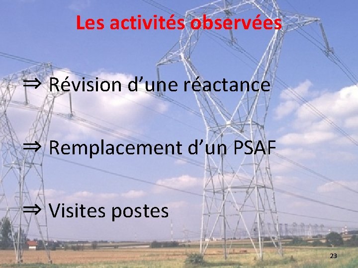 Les activités observées ⇒ Révision d’une réactance ⇒ Remplacement d’un PSAF ⇒ Visites postes