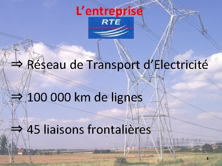 L’entreprise ⇒ Réseau de Transport d’Electricité ⇒ 100 000 km de lignes ⇒ 45