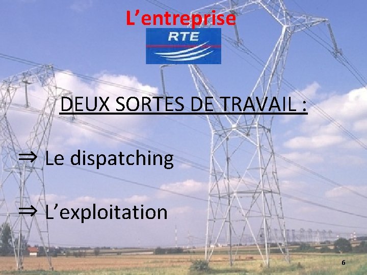 L’entreprise DEUX SORTES DE TRAVAIL : ⇒ Le dispatching ⇒ L’exploitation 6 