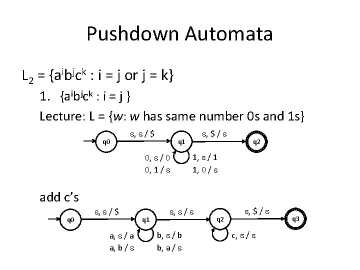 Pushdown Automata L 2 = {aibjck : i = j or j = k}