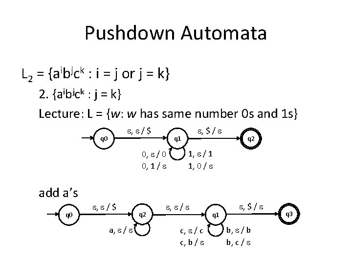 Pushdown Automata L 2 = {aibjck : i = j or j = k}