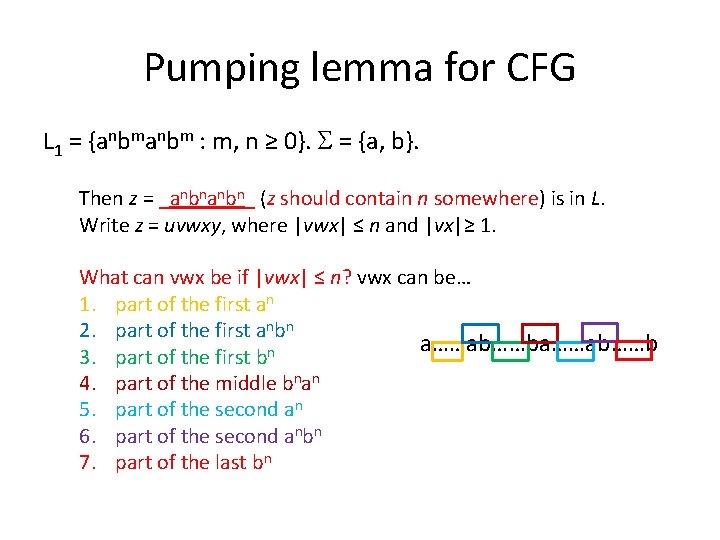 Pumping lemma for CFG L 1 = {anbm : m, n ≥ 0}. S