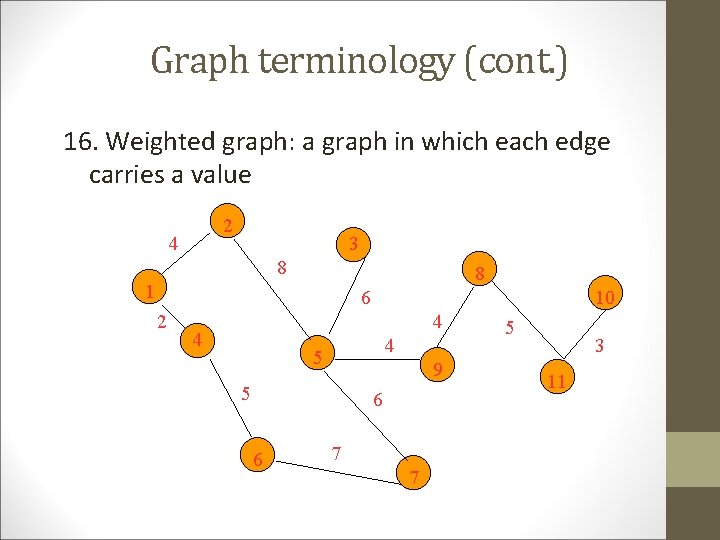 Graph terminology (cont. ) 16. Weighted graph: a graph in which each edge carries