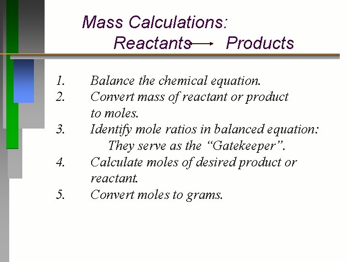 Mass Calculations: Reactants Products 1. 2. 3. 4. 5. Balance the chemical equation. Convert