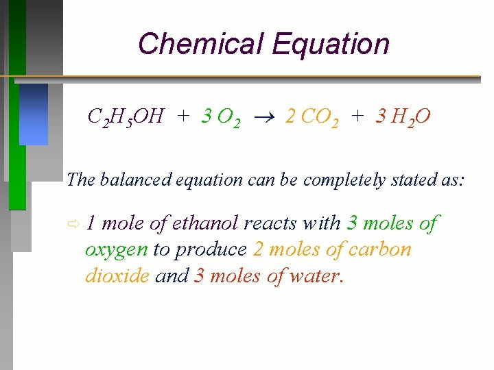 Chemical Equation C 2 H 5 OH + 3 O 2 2 CO 2