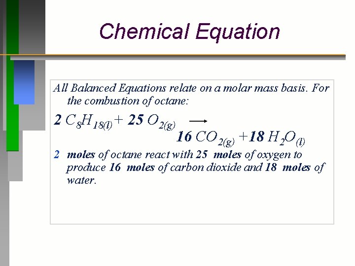 Chemical Equation All Balanced Equations relate on a molar mass basis. For the combustion