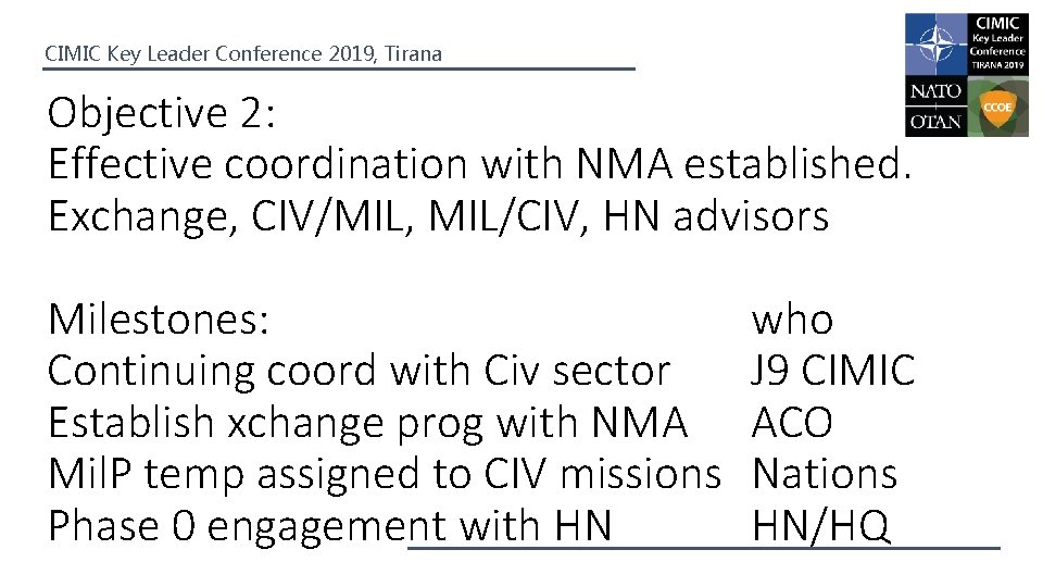 CIMIC Key Leader Conference 2019, Tirana Objective 2: Effective coordination with NMA established. Exchange,
