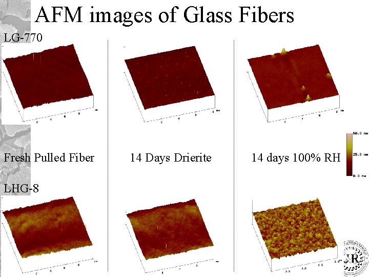 AFM images of Glass Fibers LG-770 Fresh Pulled Fiber LHG-8 14 Days Drierite 14