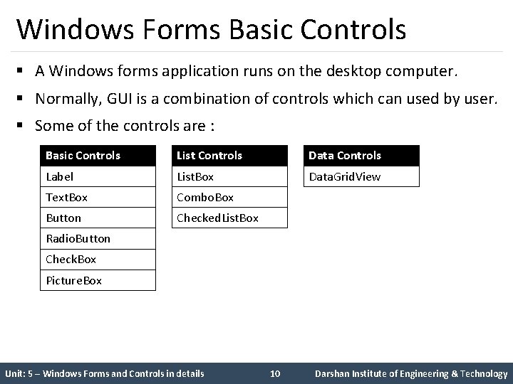 Windows Forms Basic Controls § A Windows forms application runs on the desktop computer.