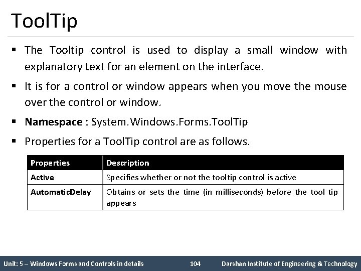 Tool. Tip § The Tooltip control is used to display a small window with