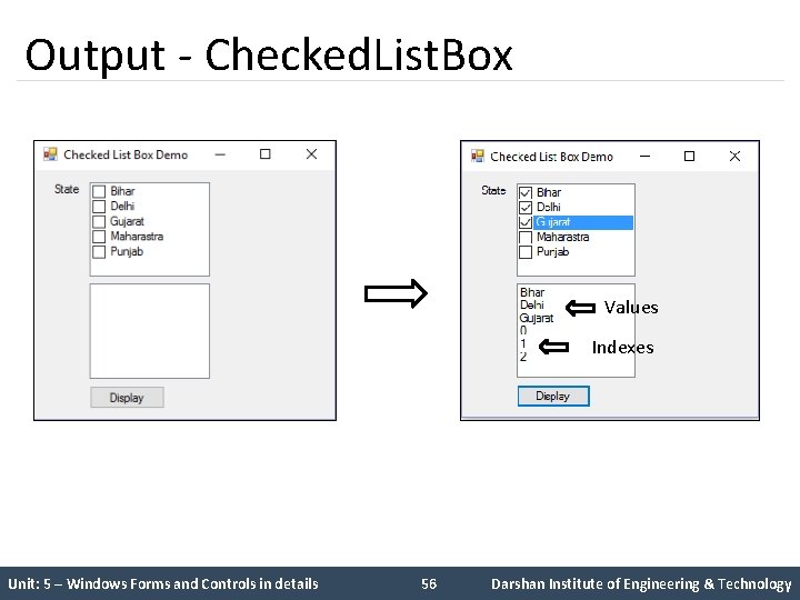 Output - Checked. List. Box Values Indexes Unit: 5 – Windows Forms and Controls