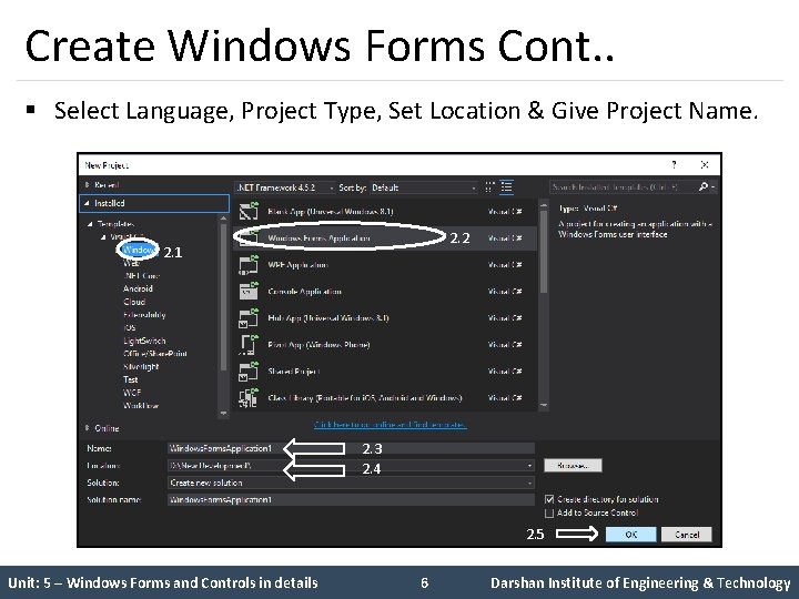 Create Windows Forms Cont. . § Select Language, Project Type, Set Location & Give