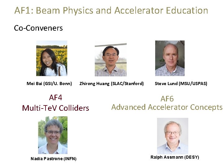 AF 1: Beam Physics and Accelerator Education Co-Conveners Mei Bai (GSI/U. Bonn) Zhirong Huang