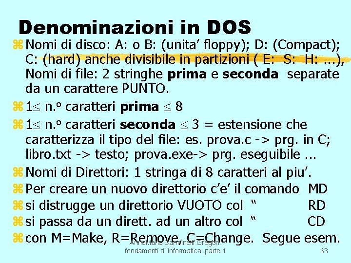 Denominazioni in DOS z Nomi di disco: A: o B: (unita’ floppy); D: (Compact);