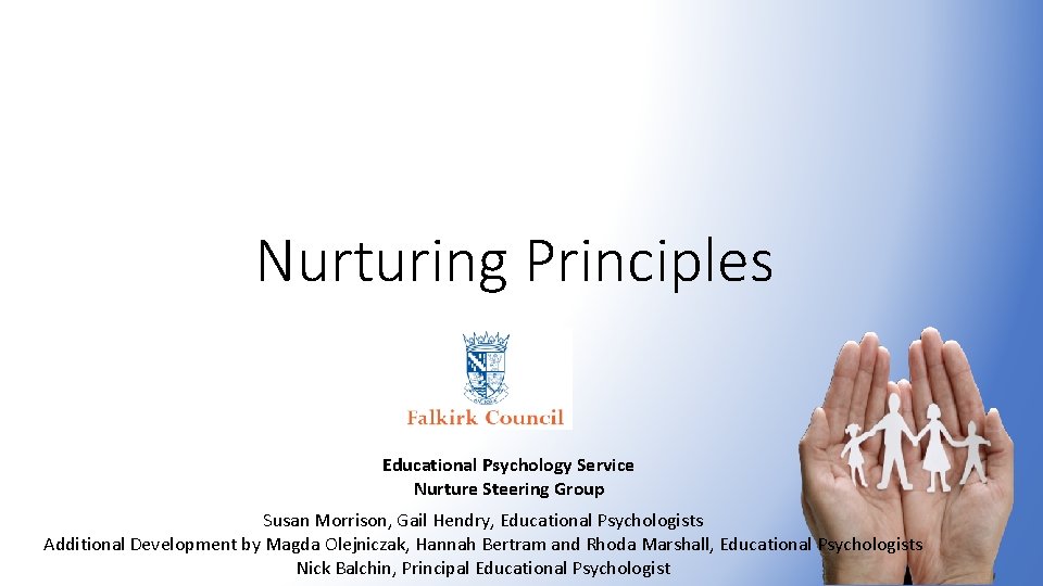 Nurturing Principles Educational Psychology Service Nurture Steering Group Susan Morrison, Gail Hendry, Educational Psychologists