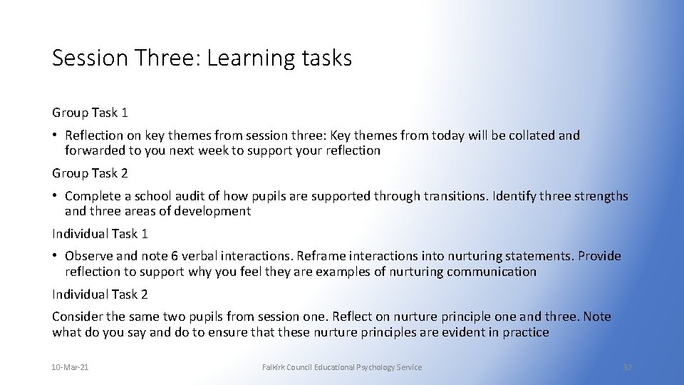 Session Three: Learning tasks Group Task 1 • Reflection on key themes from session