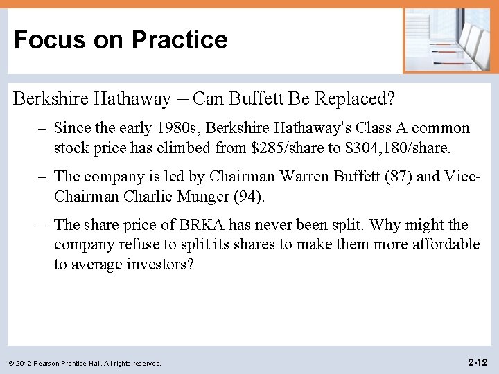Focus on Practice Berkshire Hathaway – Can Buffett Be Replaced? – Since the early Focus on Practice Berkshire Hathaway – Can Buffett Be Replaced? – Since the early