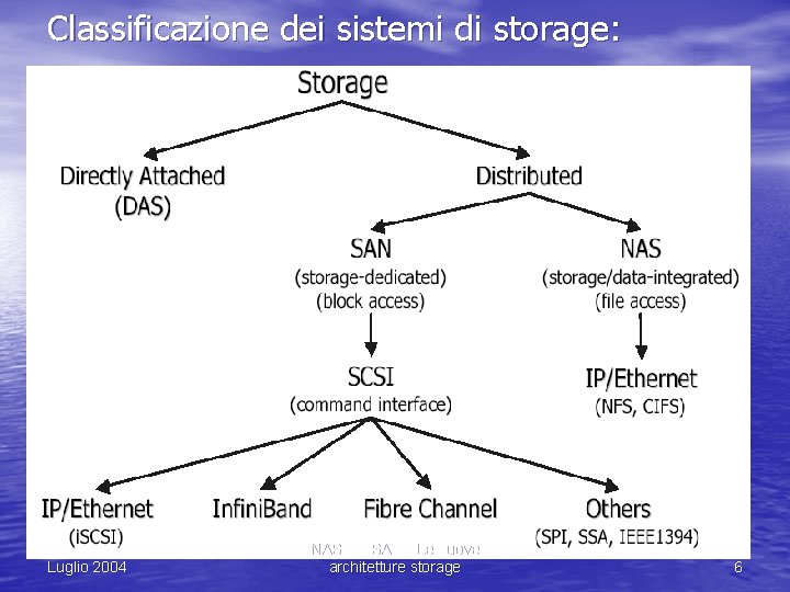 Classificazione dei sistemi di storage: Luglio 2004 NAS VS SAN - Le nuove architetture