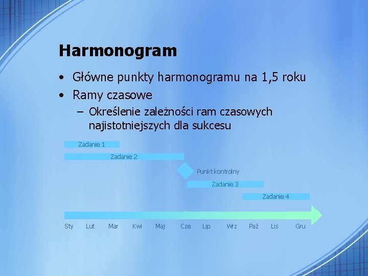 Harmonogram • Główne punkty harmonogramu na 1, 5 roku • Ramy czasowe – Określenie