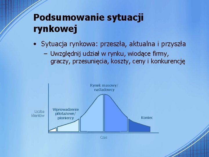 Podsumowanie sytuacji rynkowej • Sytuacja rynkowa: przeszła, aktualna i przyszła – Uwzględnij udział w